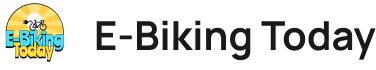 Logo for "E-Biking Today" featuring a stylized bicycle over a yellow sunburst with the text "E-Biking Today" in blue and yellow.