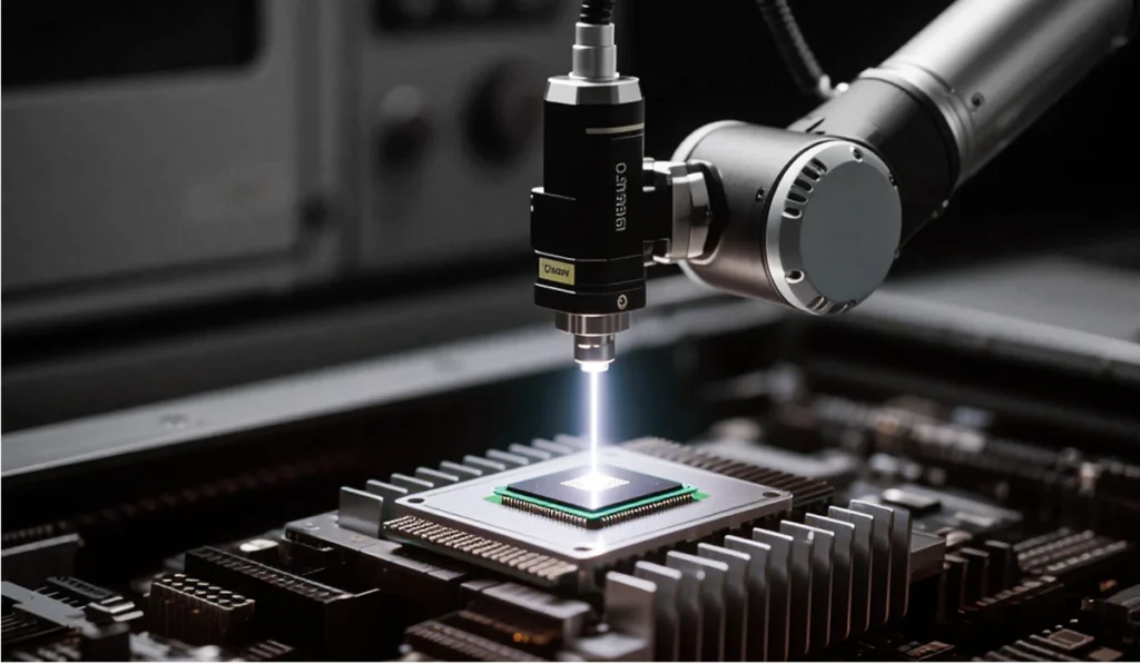 A robotic arm with a specialized tool inspects or assembles a microchip on a circuit board in a high-tech laboratory setting.