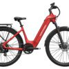 Red electric bicycle with a step-through frame, rear rack, front suspension fork, disc brakes, and fenders on both wheels, shown in a side profile view.