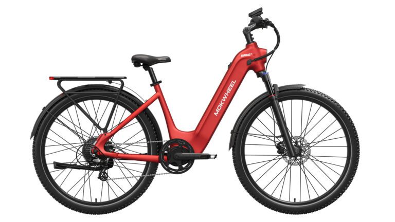 Red electric bicycle with a step-through frame, rear rack, front suspension fork, disc brakes, and fenders on both wheels, shown in a side profile view.