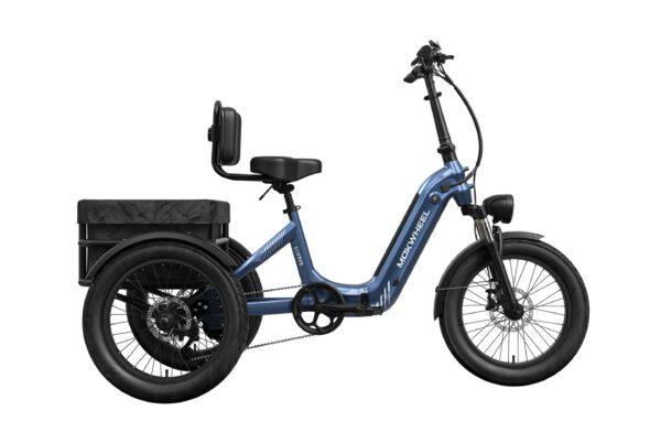 A blue electric tricycle with a rear storage basket, step-through frame, front headlight, and a padded seat with backrest, shown on a white background.