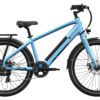 A light blue electric bicycle with a rear cargo rack, black fenders, and a visible battery mounted on the frame, shown in a side view against a white background.