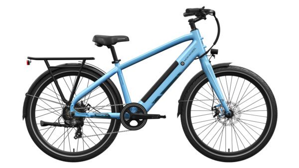 A light blue electric bicycle with a rear cargo rack, black fenders, and a visible battery mounted on the frame, shown in a side view against a white background.