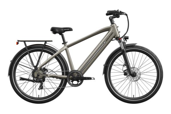 A gray electric bicycle with front suspension, rear cargo rack, fenders, disc brakes, and a mid-step frame is shown in a side view.