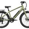 Matte green electric bicycle with a rear cargo rack, front and rear fenders, and a central battery mounted on the frame, shown in profile view.