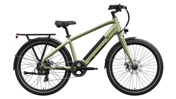 Matte green electric bicycle with a rear cargo rack, front and rear fenders, and a central battery mounted on the frame, shown in profile view.