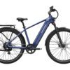 A blue Hoywell electric bicycle with front suspension, rear cargo rack, fenders, and upright handlebars, viewed from the side against a white background.