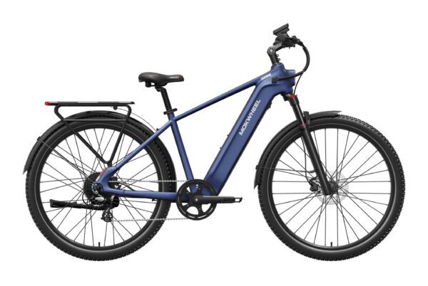 A blue Hoywell electric bicycle with front suspension, rear cargo rack, fenders, and upright handlebars, viewed from the side against a white background.