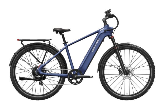 A blue Hoywell electric bicycle with front suspension, rear cargo rack, fenders, and upright handlebars, viewed from the side against a white background.