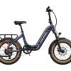 A blue step-through electric bicycle with wide tan tires, a rear cargo rack, front and rear fenders, and a front light, shown from the side on a white background.
