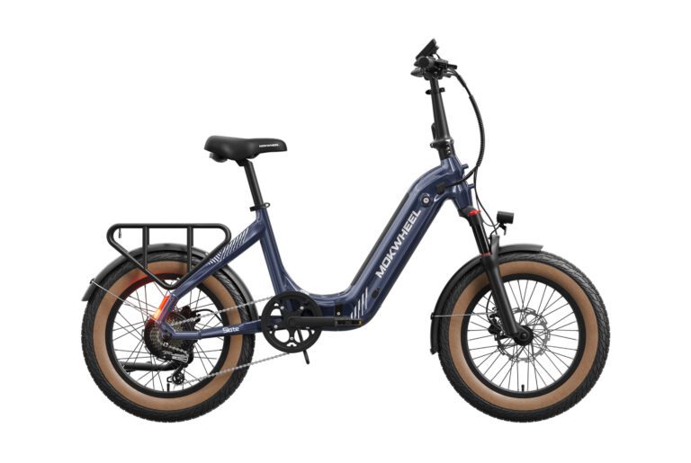 A blue step-through electric bicycle with wide tan tires, a rear cargo rack, front and rear fenders, and a front light, shown from the side on a white background.