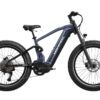 A dark blue electric mountain bike with thick tires, disc brakes, and a mid-drive motor, viewed from the side against a white background.