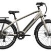 Matte gray electric bicycle with a step-over frame, front and rear fenders, rear cargo rack, mid-frame battery, and disc brakes, shown in profile against a white background.