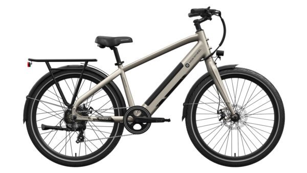 Matte gray electric bicycle with a step-over frame, front and rear fenders, rear cargo rack, mid-frame battery, and disc brakes, shown in profile against a white background.