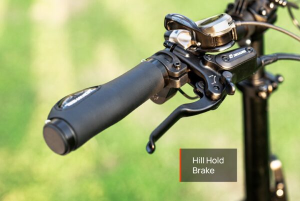 Close-up of Granite E-Trike handlebar showing the brake lever and bell, with "Hill Hold Brake" labeled in a text box.