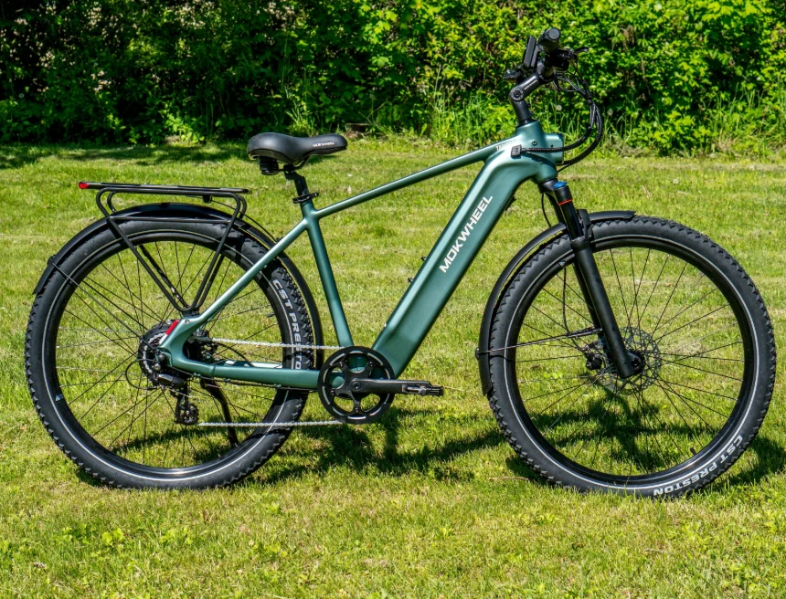 A matte green electric bicycle with thick tires, a front suspension fork, and a rear cargo rack is parked on grass with dense green foliage in the background.
