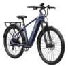 The Tarmac Ebike, shown from a rear side angle, features a blue frame, black seat, rear rack, front suspension fork, disc brakes, and wide tires.