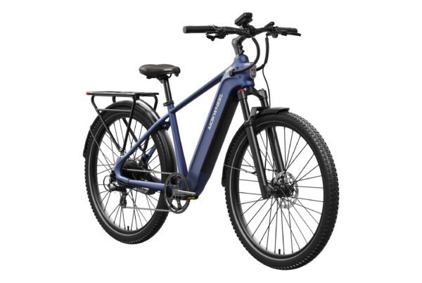 The Tarmac Ebike, shown from a rear side angle, features a blue frame, black seat, rear rack, front suspension fork, disc brakes, and wide tires.