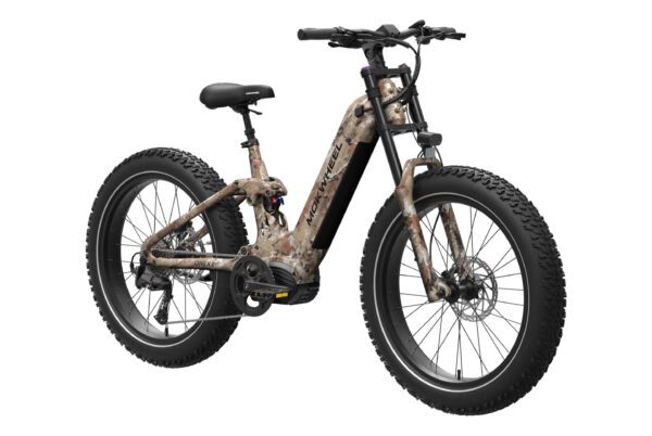 The Onyx ST Ebike features a camouflage pattern, wide knobby fat tires, a front suspension fork, and an integrated frame battery.