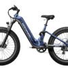 Obsidian ST Ebike in blue featuring a step-through frame, wide knobby fat tires, front suspension fork, disc brakes, and a rear motor, displayed in side profile on a white background.