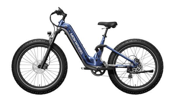 Obsidian ST Ebike in blue featuring a step-through frame, wide knobby fat tires, front suspension fork, disc brakes, and a rear motor, displayed in side profile on a white background.