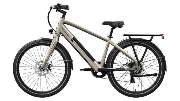 The Mesa Lite Ebike is a beige electric bicycle with a black seat, rear rack, and front and rear fenders, shown from the side on a white background.