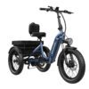 The Granite E-Trike is a blue electric tricycle featuring a padded backrest, cargo platform, and large front and rear wheels, displayed on a white background.