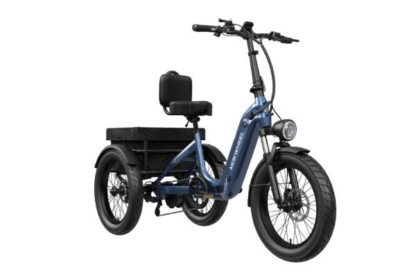 The Granite E-Trike is a blue electric tricycle featuring a padded backrest, cargo platform, and large front and rear wheels, displayed on a white background.