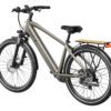 The Asphalt Ebike, shown from a rear side angle on a white background, features a silver frame, front suspension, rear cargo rack, disc brakes, and fenders.