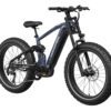 The Onyx Ebike is a black and blue fat-tire electric mountain bike featuring a sturdy frame, front suspension, disc brakes, and a mid-mounted battery.