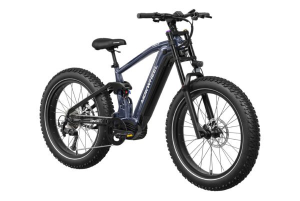 The Onyx Ebike is a black and blue fat-tire electric mountain bike featuring a sturdy frame, front suspension, disc brakes, and a mid-mounted battery.