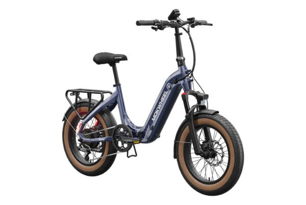 The Slate Ebike is a blue foldable electric bike featuring wide tan tires, a rear cargo rack, front suspension, and "NOWWHEEL" branding on the frame, pictured against a white background.
