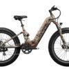A fat-tire electric bicycle with a step-through frame and camouflage paint, featuring front suspension and disc brakes.