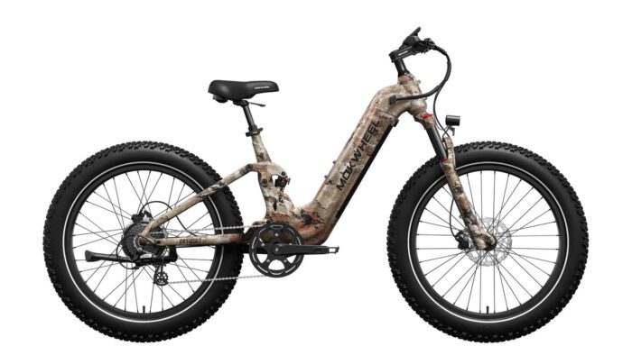 A fat-tire electric bicycle with a step-through frame and camouflage paint, featuring front suspension and disc brakes.