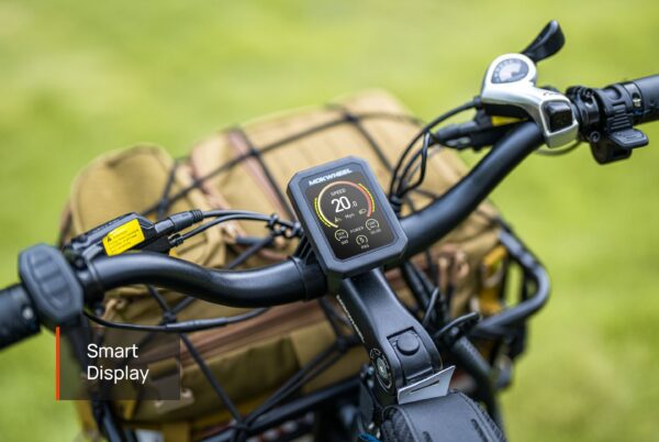 Close-up of the Tor Plus Ebike handlebar featuring a digital display for speed and battery, with a brown bag attached to the front; grassy background.