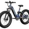 Obsidian ST Ebike in blue, featuring fat tires, front suspension, disc brakes, and a step-through frame, shown from a rear-side angle against a white background.