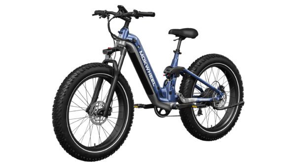 Obsidian ST Ebike in blue, featuring fat tires, front suspension, disc brakes, and a step-through frame, shown from a rear-side angle against a white background.