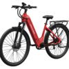 The Tarmac ST Ebike is a red electric bicycle featuring a step-through frame, black wheels, front suspension fork, and rear cargo rack, displayed against a white background.
