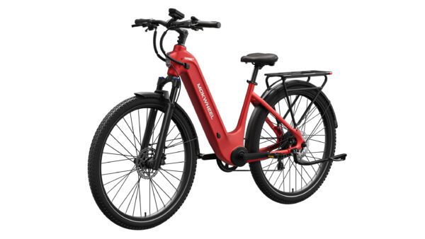 The Tarmac ST Ebike is a red electric bicycle featuring a step-through frame, black wheels, front suspension fork, and rear cargo rack, displayed against a white background.