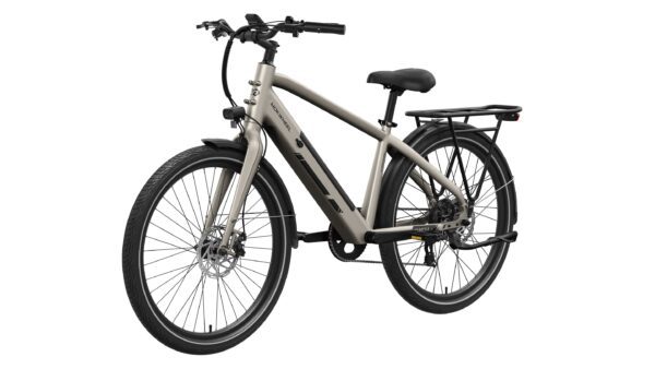 The Mesa Lite Ebike, shown in matte gray from a front-side view, features front suspension, disc brakes, a rear cargo rack, and a horizontal top tube.