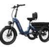 The Granite E-Trike is a blue electric tricycle featuring a front headlight, rear cargo compartment, upright handlebars, and a cushioned seat with backrest.