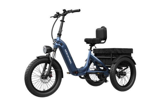 The Granite E-Trike is a blue electric tricycle featuring a front headlight, rear cargo compartment, upright handlebars, and a cushioned seat with backrest.