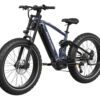 The Onyx Ebike is a black and blue electric fat tire bicycle featuring front suspension, thick treaded tires, and a visible frame-mounted battery.
