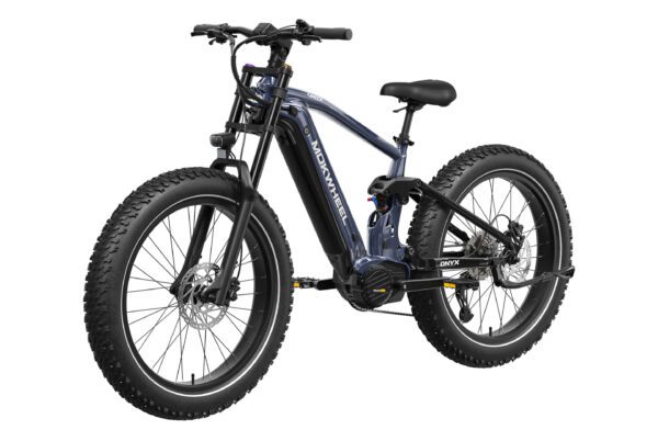 The Onyx Ebike is a black and blue electric fat tire bicycle featuring front suspension, thick treaded tires, and a visible frame-mounted battery.