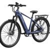 The Tarmac Ebike is a blue electric bike featuring a step-over frame, rear cargo rack, front suspension fork, and disc brakes, shown from a front-side angle.