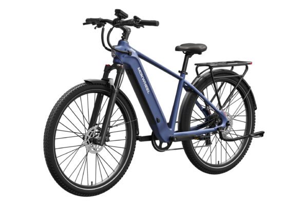 The Tarmac Ebike is a blue electric bike featuring a step-over frame, rear cargo rack, front suspension fork, and disc brakes, shown from a front-side angle.