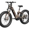 The Onyx ST Ebike features a camouflage frame, front suspension fork, large knobby tires, and a rear hub motor, making it ideal for off-road adventures.