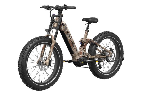 The Onyx ST Ebike features a camouflage frame, front suspension fork, large knobby tires, and a rear hub motor, making it ideal for off-road adventures.