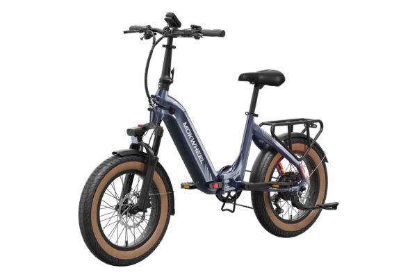 The Slate Ebike is a blue, foldable electric bike featuring wide tan tires, front suspension, a rear cargo rack, and a step-through frame, shown from the front angle.