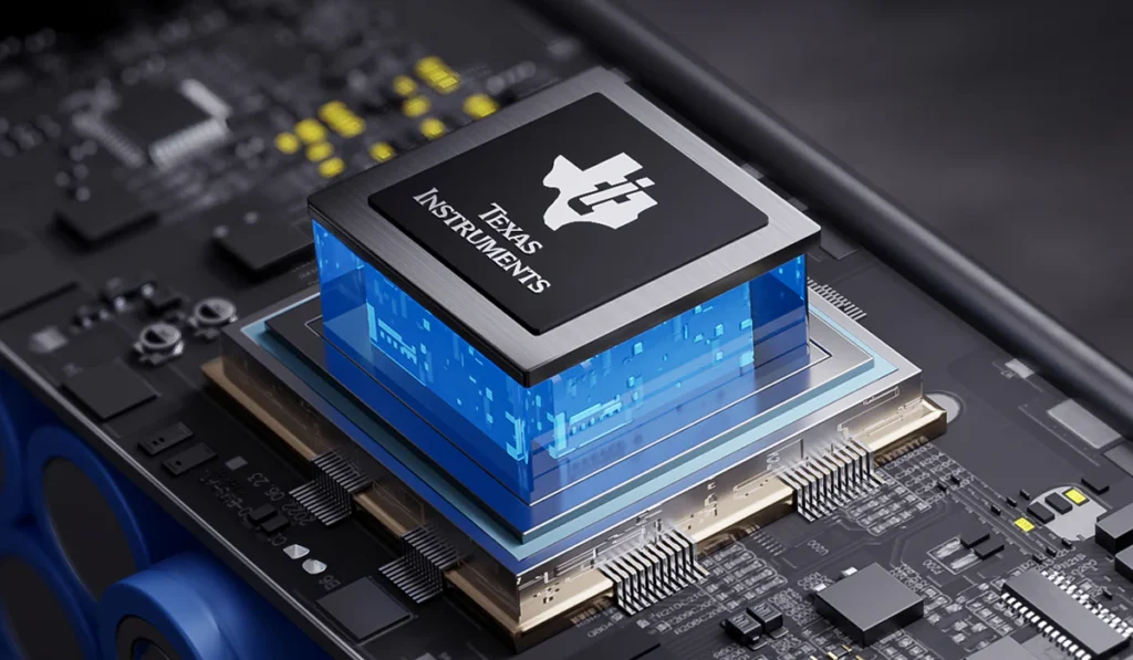 A Texas Instruments microchip installed on a circuit board, with a blue translucent element highlighting the chip's structure.